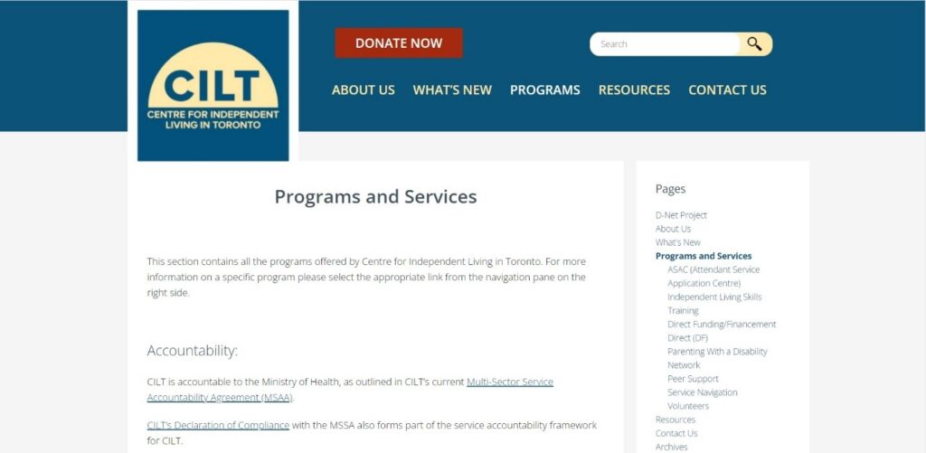 Graphical user interface of the old CILT website showing the "Programs and Services" page and how all sub-pages used to be listed on the right pane