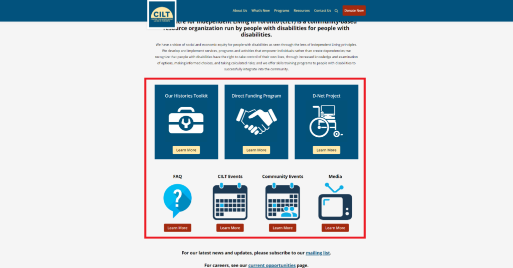 Graphical user interface of the new CILT website homepage with a red indicator box highlighting the buttons that link to other pages.