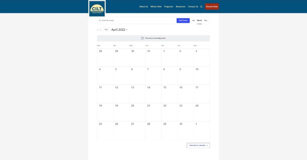 Graphical user interface of the "Events" page of the CILT website showing the month of April 2022 in calendar format.
