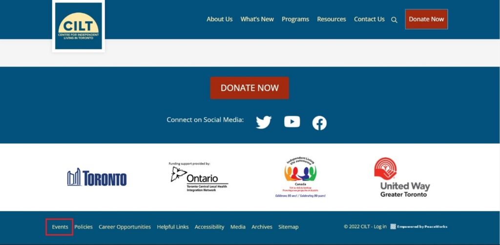 Graphical user interface of the CILT website homepage scrolled all the way to the bottom with a red indictor box over the "Events" tab.
