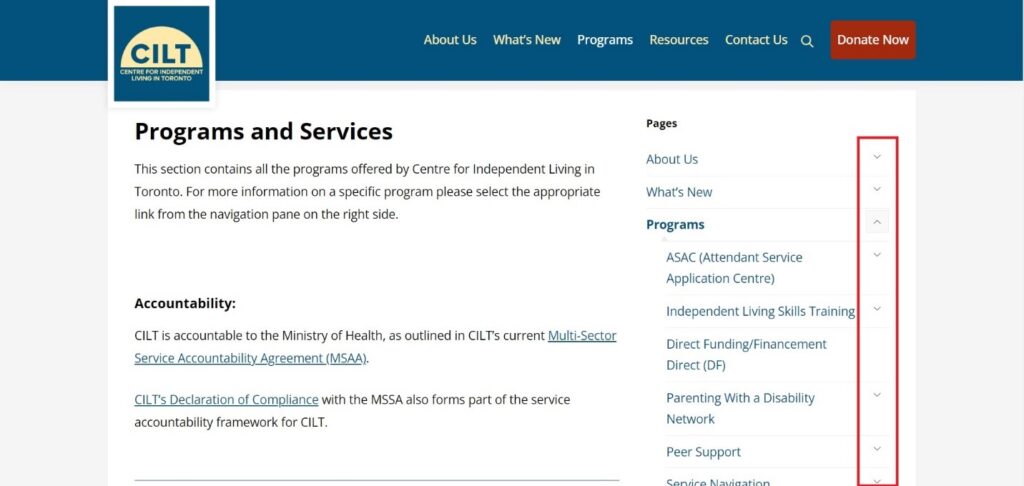Graphical user interface of the CILT website "Programs and Services" page with a red box indicator signaling collapsible menu items on the right pane. 