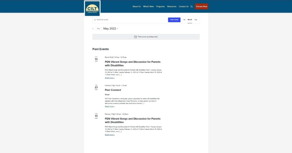Graphical user interface of the "Events" page of the CILT website showing the month of May 2022 in calendar format. Also includes a listing of "Past Events."