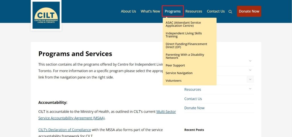Graphical user interface of the CILT website homepage showing a dropdown menu of pages when hovering over the "Programs" tab from the top bar.