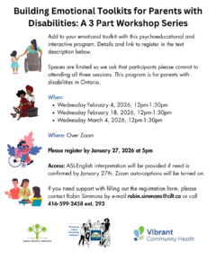 Flyer for Building Emotional Toolkits for Parents with Disabilities: A 3 Part Workshop Series 